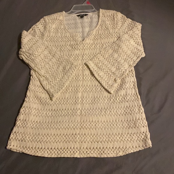 Ivory White Crochet Boho Bell-Sleeved Notch-Neck Flare Krazy Kat Tunic sz M - Picture 5 of 16